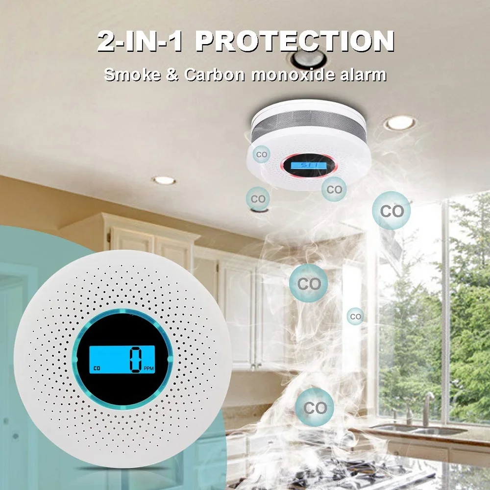 Co Gas Smoke Alarm and Carbon Monoxide Detector LED Digital 2 in 1.High Sensitive Voice Warn for Home Security Protection