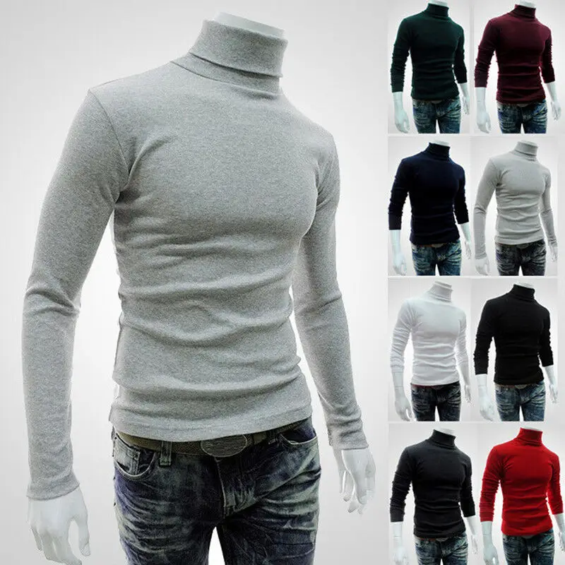 Hot Fashion High Neck Slim Jacket Jumper Men Knit Pullover Coat Long Sleeve Men Winter Cotton Turtleneck Sweater Solid Tops