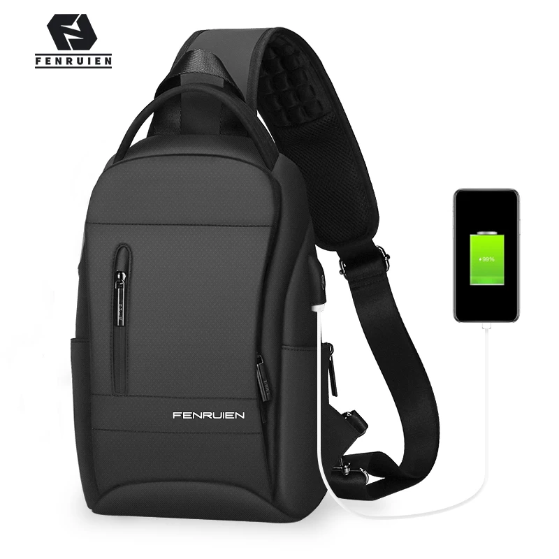 Fenruien-Bolso cruzado multifunción para hombre, de pecho con carga USB morral, bolsa de hombro repelente al agua, para viaje corto