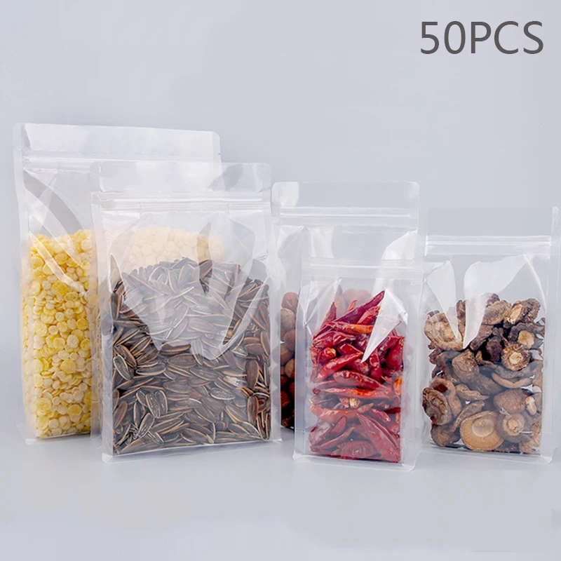 50PCS Plastic ZipLock Bag Transparent 3D Stand Up High Clear Coffee Snack Cookie Rice Packaging Gift Storage