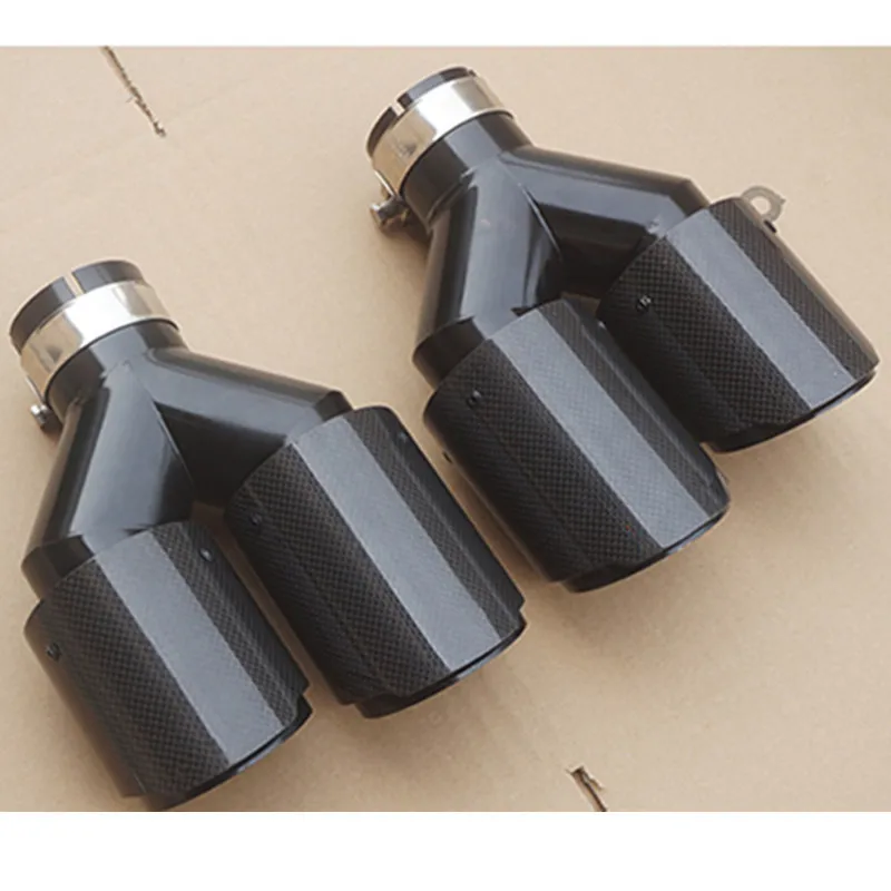 1 Pcs：Car Carbon Glossy Muffler Tip Y Shape Double Exit Universal Stainless Black Exhaust Pipe Multi-size For Akrapovic