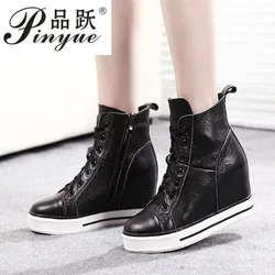 Autumn Winter Lace-up  zipper High-top Genuine Leather Shoes Women Sneakers Shoes High Heels Increase Within Wedges Casual Shoes