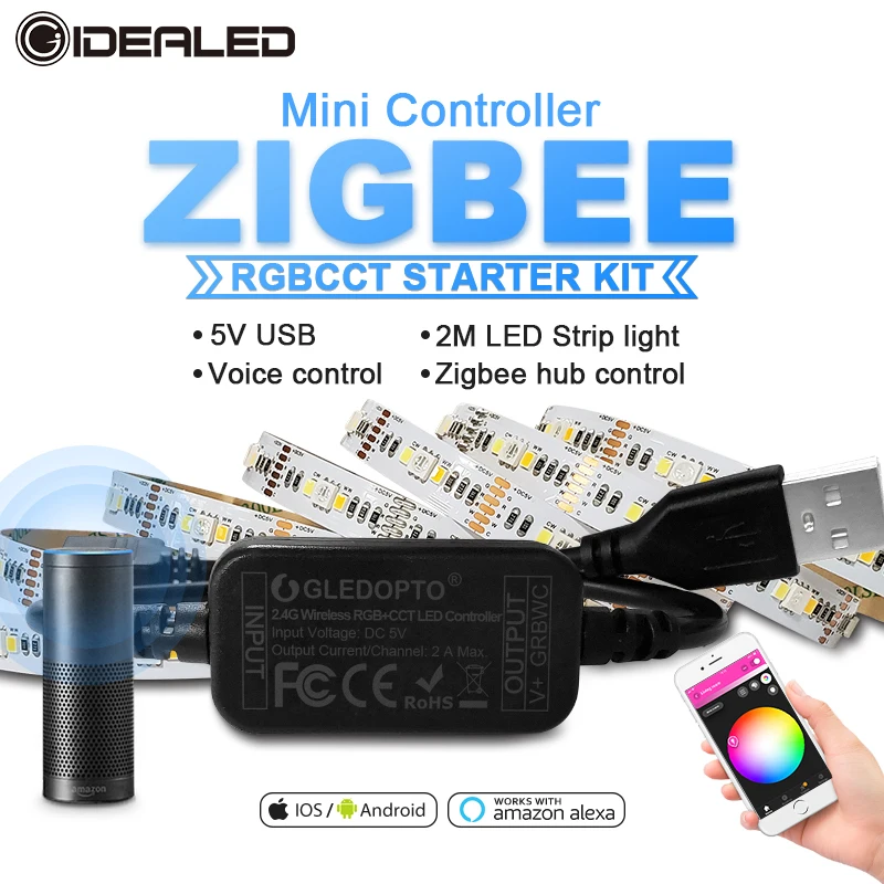 Smart zigbee USB controller RGBWW mini 5V usb rgb+cct computer tv LED strip light work with zigbee hub echo plus voice control