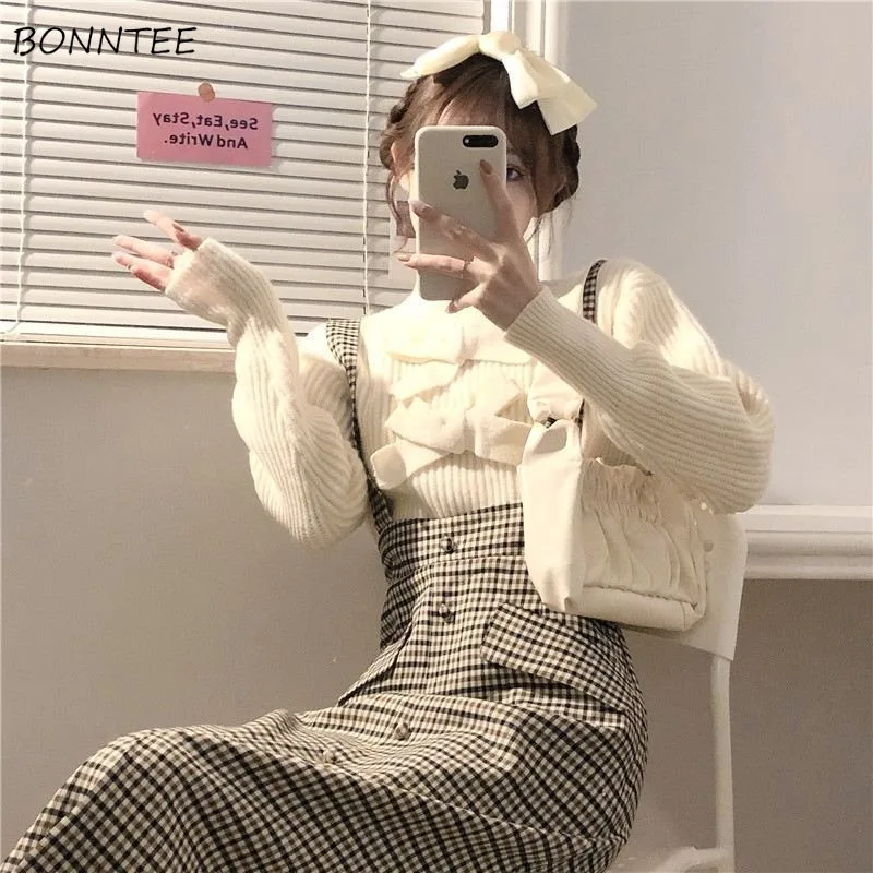 Two Pieces Women Sets Apricot Bow Top Warm and High Waist Plaid Bottom Korean Style Chic Popular Trendy Elegant Spring Autumn