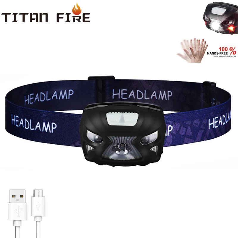 T20 USB Rechargeable Waterproof LED Headlamp 8 Modes Headlight for Running Camping Fishing with Red Lights Motion Sensor Switch