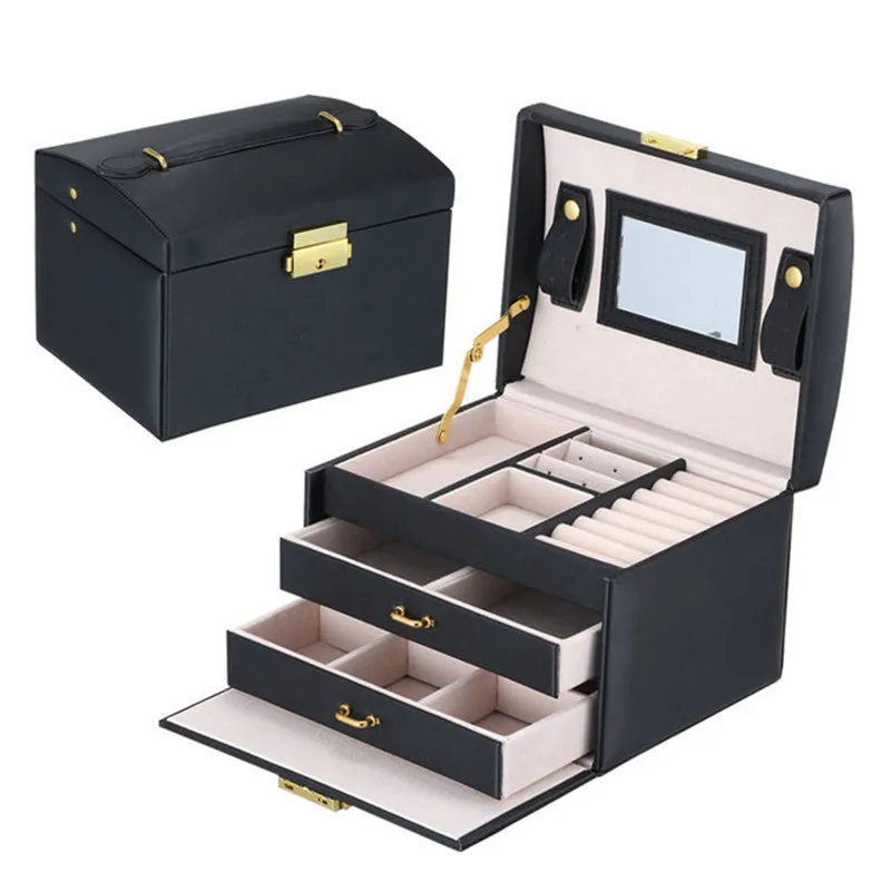 Fashion Black Three Layers Double Drawer Jewelry Box Pu Leather Large Storage Box Princess Jewelry Storage Box Accessories Stor