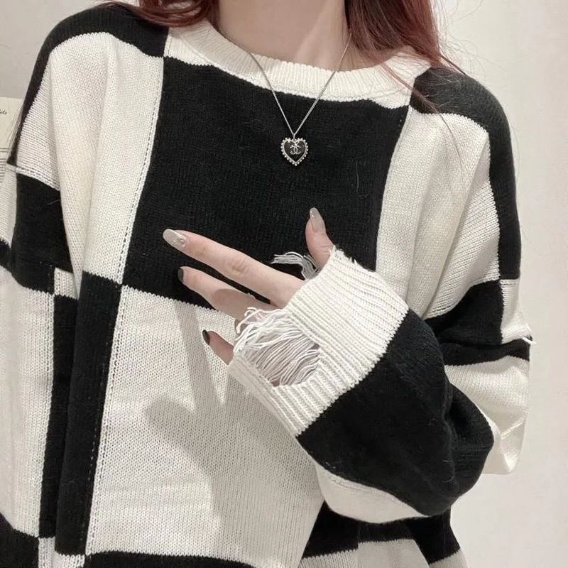 Plaid Sweaters Women Chic Hollow Out BF Harajuku Loose Long Sleeve Schoolgirls Pullover All-match Autumn Stylish Teens Knitwear