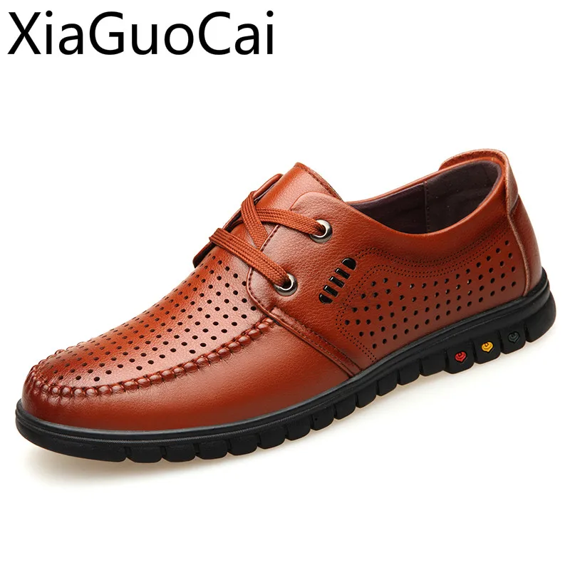 Summer Men's Leather Casual Shoes Hollow Air-permeable Business Mens Formal Flat Shoes Soft-leather Male Casual Sneakers