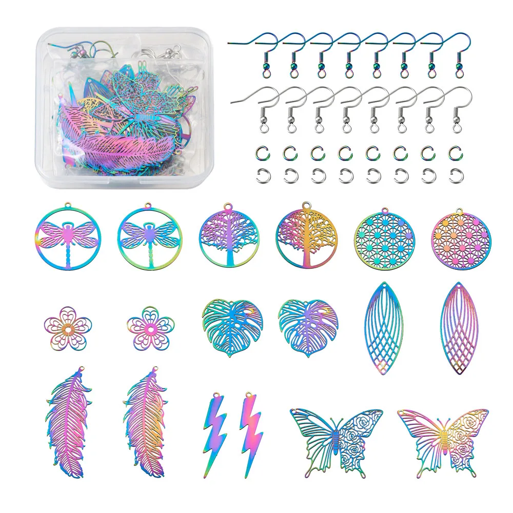 1Box Stainless Steel Filigree Pendants Rainbow Flower Leaf Butterfly Charms With Earring Hooks Jump Rings Earring Making Kits