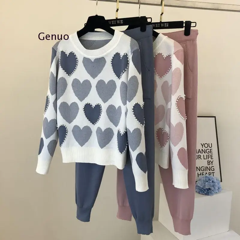 

Fall Clothes for Women 2021 Autumn Ins Sweet Long-Sleeved Knitted Shirt + Elastic Pants Suit Women Two Piece Sets