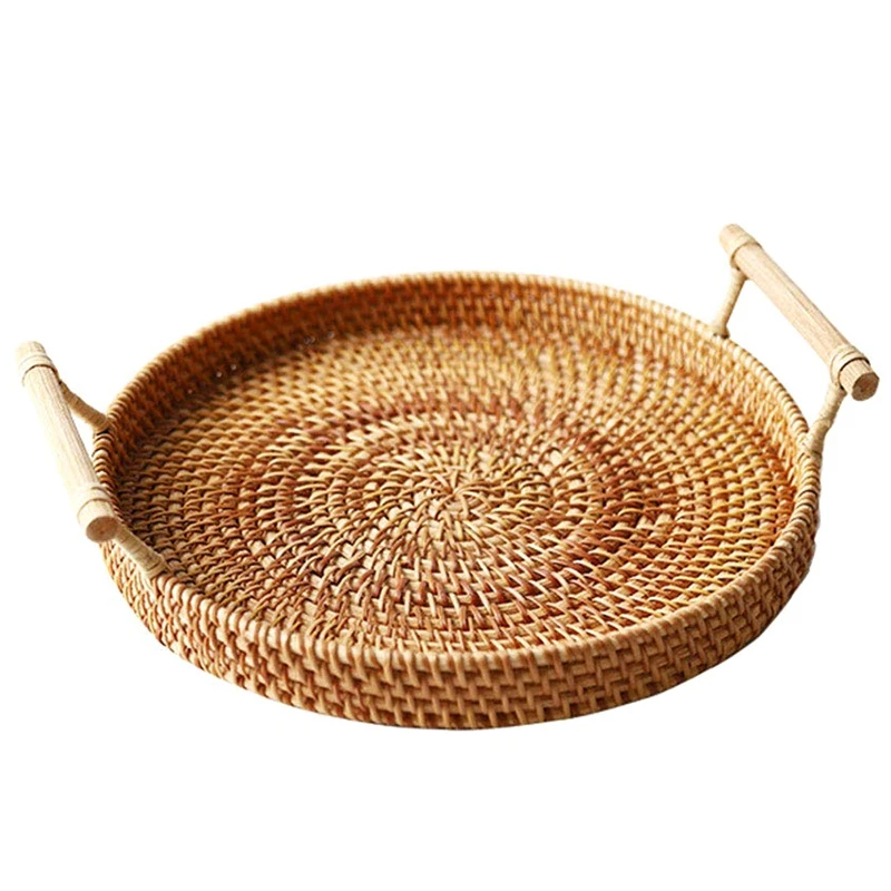 

LBER Rattan Storage Tray, Round Basket with Handle, Hand-Woven, Rattan Tray Wicker Basket Bread Fruit Food Breakfast Display L