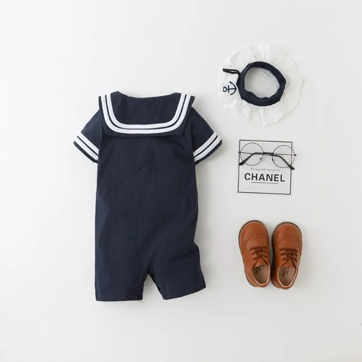 Baby Boy Navy Style Jumpsuits/Boy Dark Blue Romper with Cap 3342