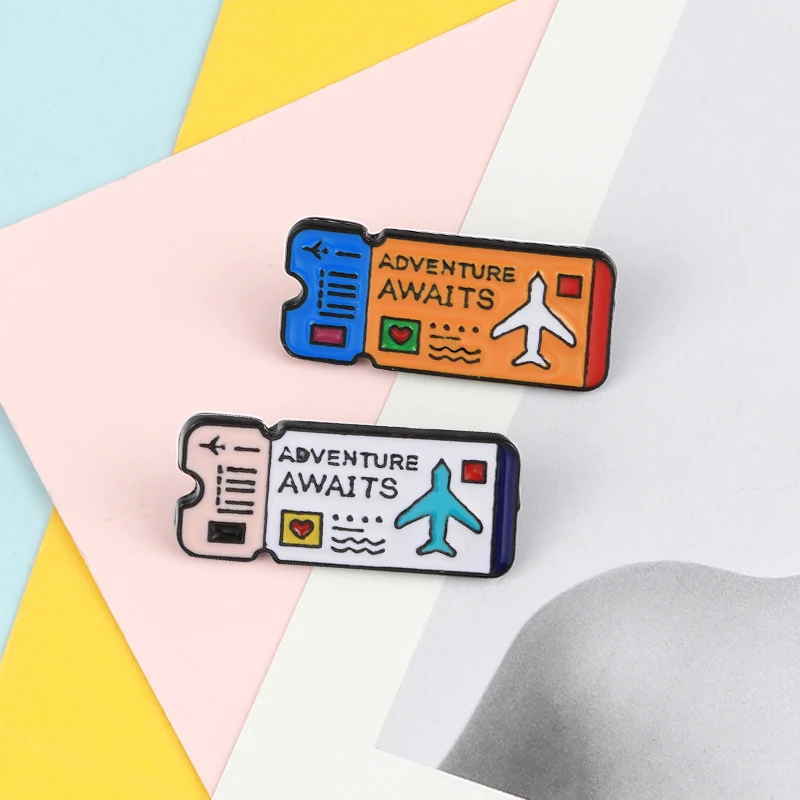 Air Tickets Lapel Pin Custom Adventure Awaits Travel Brooches Women Shirt Jackets Backpack Enamel Pins Fashion Men Badge Jewelry