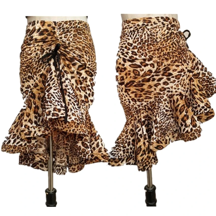 Leopardo impressão feminina clássico trajes de dança latina assimétrico plissado sereia saia senhora salsa chacha tango rumba vestido