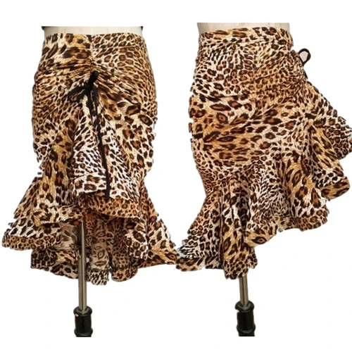 Imagen 1 del producto Trajes de baile latino clásicos con estampado de leopardo para mujer, falda asimétrica de sirena con volantes, vestido de Salsa Chacha Tango Rumba