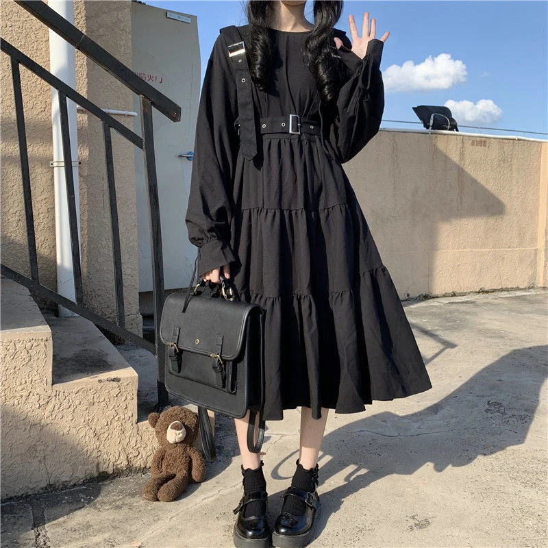 YBYR Japanese Harajuku Women Black Midi Dress Gothic Style Suspenders Bandage Dress Vintage Ruffles Long Baggy Cosplay Costume