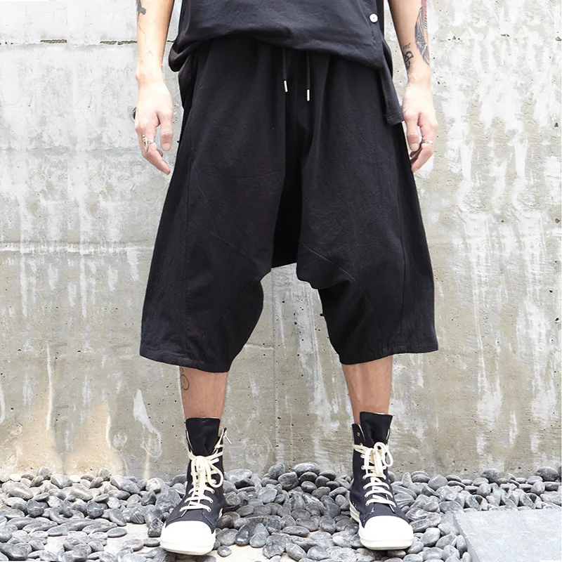 Creative design cropped pants men 2020 new dark black cotton linen men casual pants trend