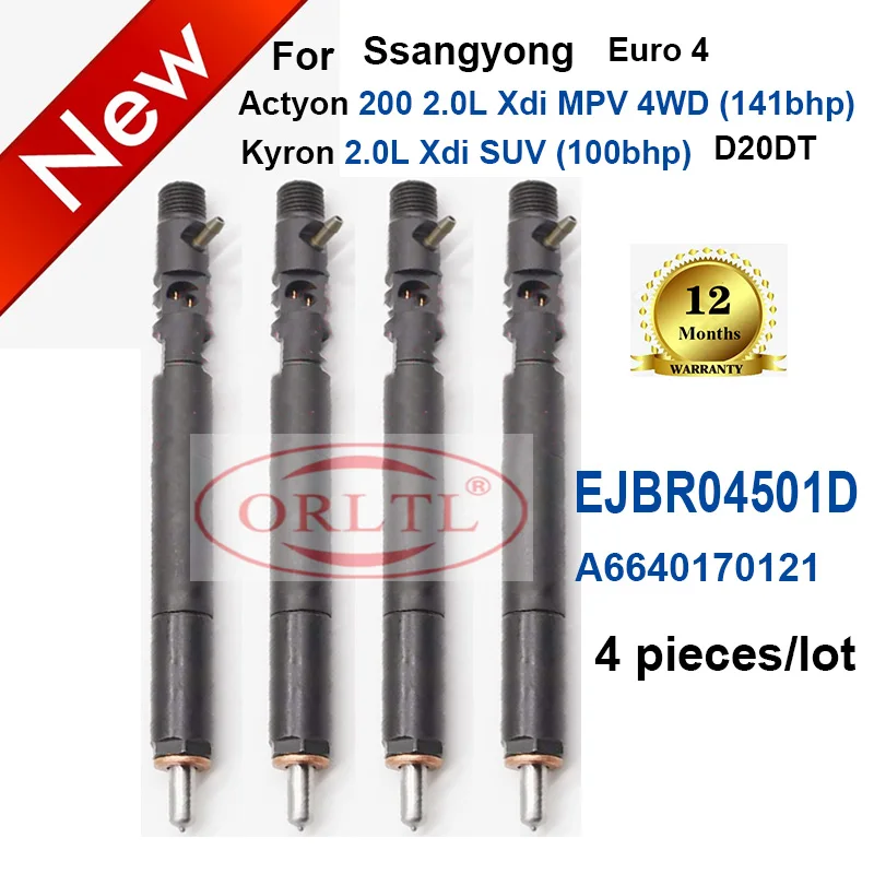 4PC Diesel EJBR04501D A6640170121 Nozzle EJBR03401D A6640170021 6640170221 Injector For SSANGYONG Kyron Actyon JMC Euro 4/3 JMC