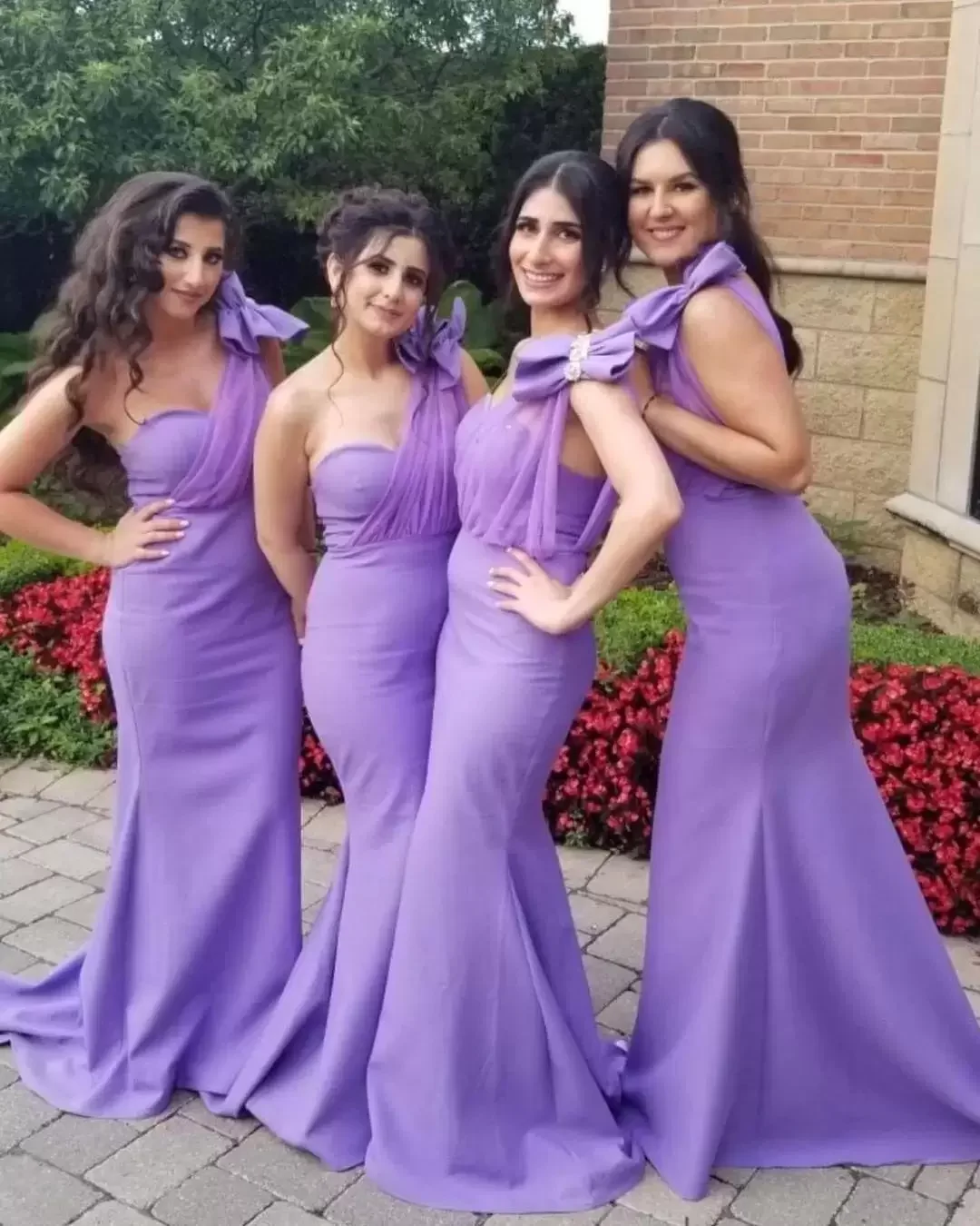 

Mermaid Bridesmaid Dress Long Dresses Purple One Shoulder Satin Sweep Train Wedding Guest Maid Of Honor With Bow Свадебное плать