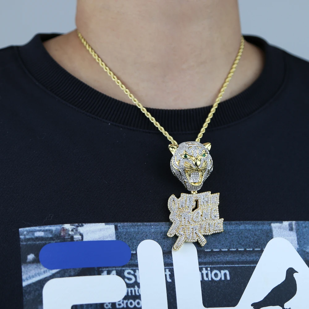 New Iced Out Bling CZ Letter Leopard Pendant Necklace Two Tone Color Cubic Zirconia Only The Strong Survive Men Hip Hop Jewelry