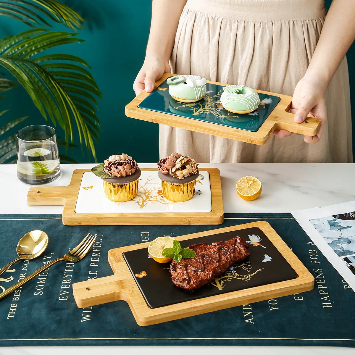 

Western plate Ceramic rectangular steak plate hand mat bread plate pizza plate bamboo pad dinner plates