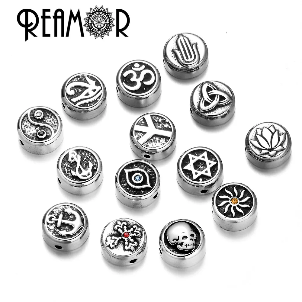 REAMOR 5pc Stainless Steel Evil Eyes Cross Anchor Sun Taiji Yoga David Star Spacer Charm Beads For DIY Bracelet Jewelry Findings