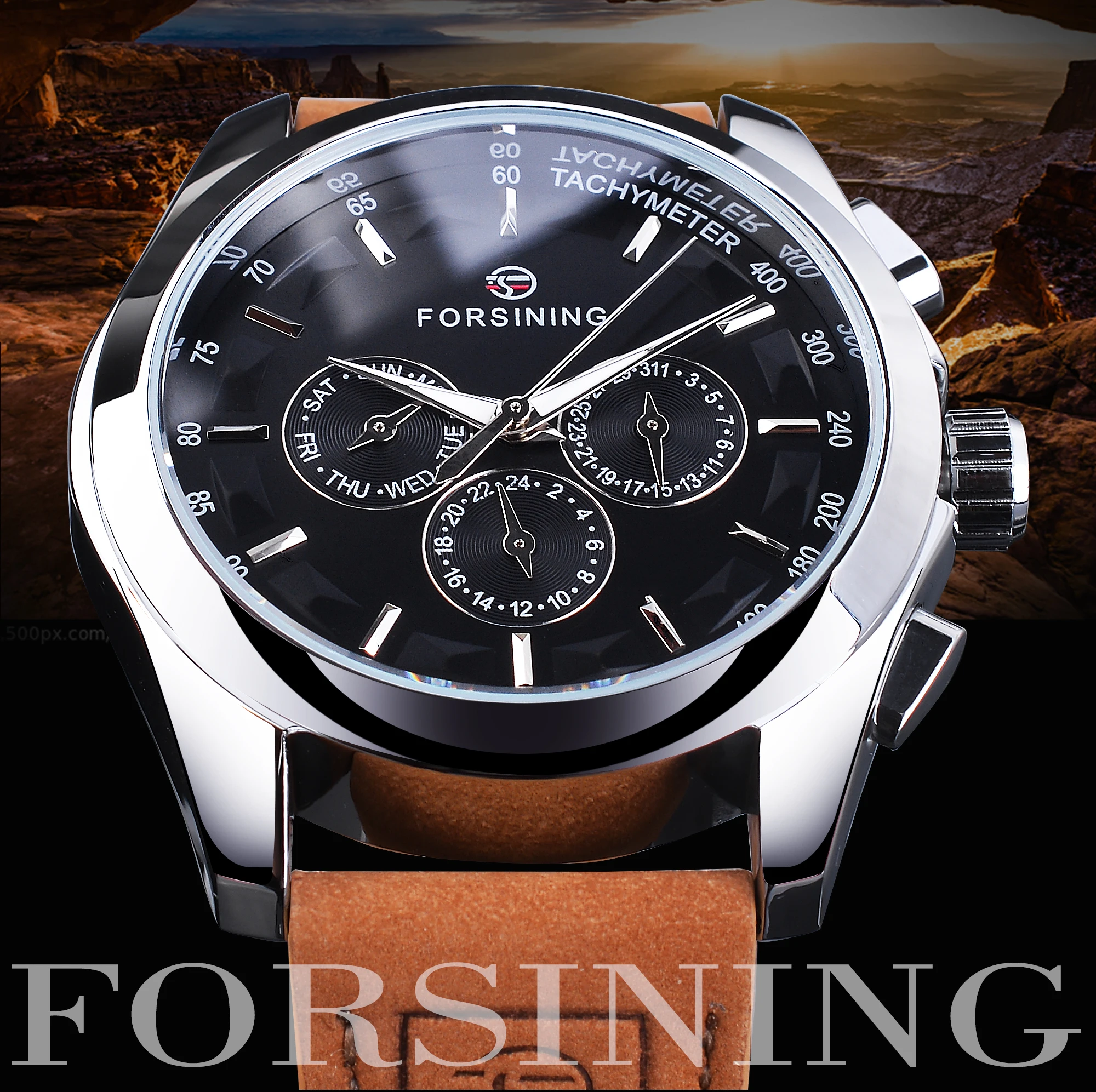 Forsining-Reloj automático de 3 esferas para hombre, cronógrafo mecánico con pantalla de calendario negro, luminoso, de pulsera, a la moda