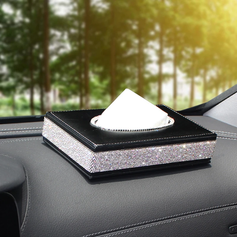 

Luxury Rhinestones CarTissue Box Storage Paper Towel PU Leather Black Tissue Holder Towels Crystal Tissue Box Cover Car Styling