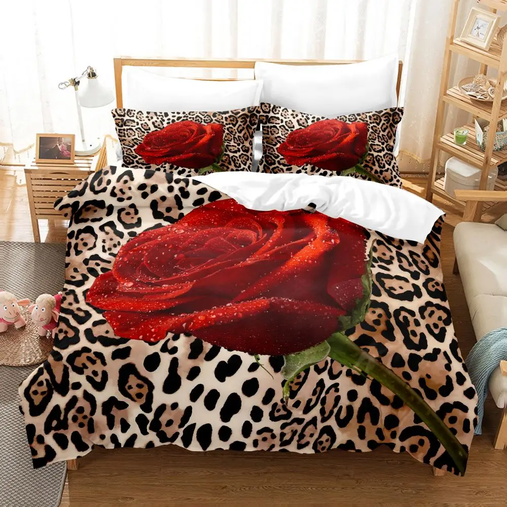 

Red Rose Leopard Bedding Set Luxury Comforter Pillowcase Comforter Couple Wedding Twin Queen King Size Romantic Duvet Cover