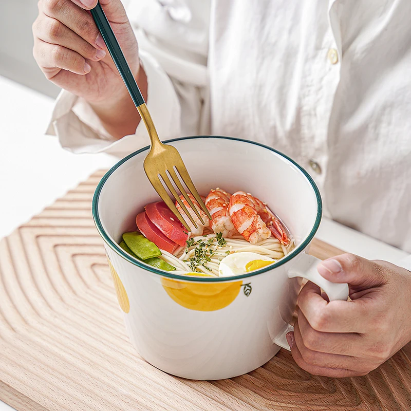 MUZITY Ceramic Big Mug with Cover Porcelain Noodle Bowl Creative Kitchen Tableware