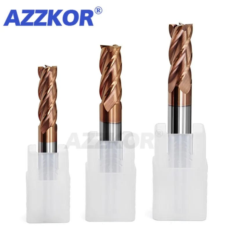 Cortador de fresado con revestimiento de aleación, herramienta de acero de tungsteno Cnc, máquina de fresado Hrc65 Endmill Azzkor, Kit de cortador