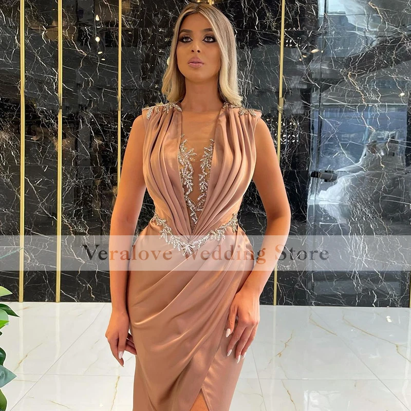 Dusty Pink Prom Dress Mermaid Split Mouwloze Afrikaanse Meisje Avondjurk Kralen Crystal Robe De Soiree