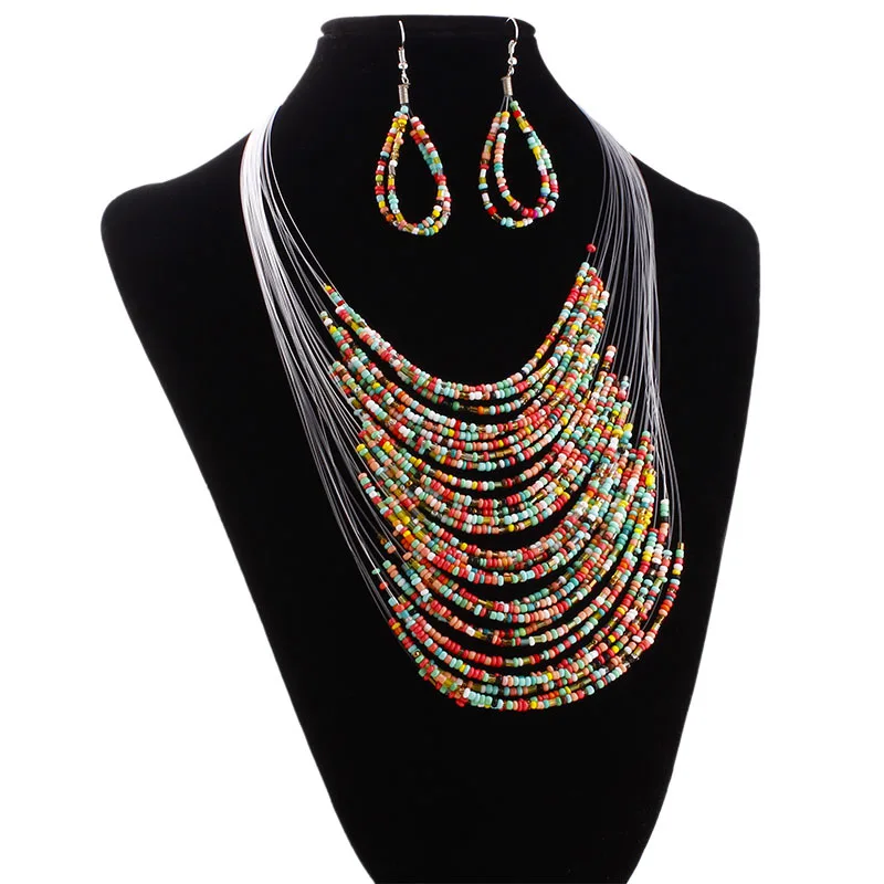 Ethnic Bohemian Necklace Beads Invisible Chain Layered Necklace Jewelry Sets Colorful Women Collar Mujer Colier Femme Statement