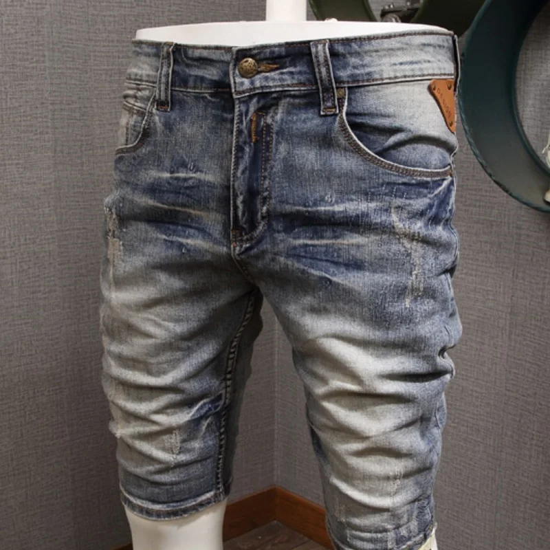 Retro Blue Denim Shorts Men Summer Streetwear Casual Cotton Slim Fit Distressed Short Jeans