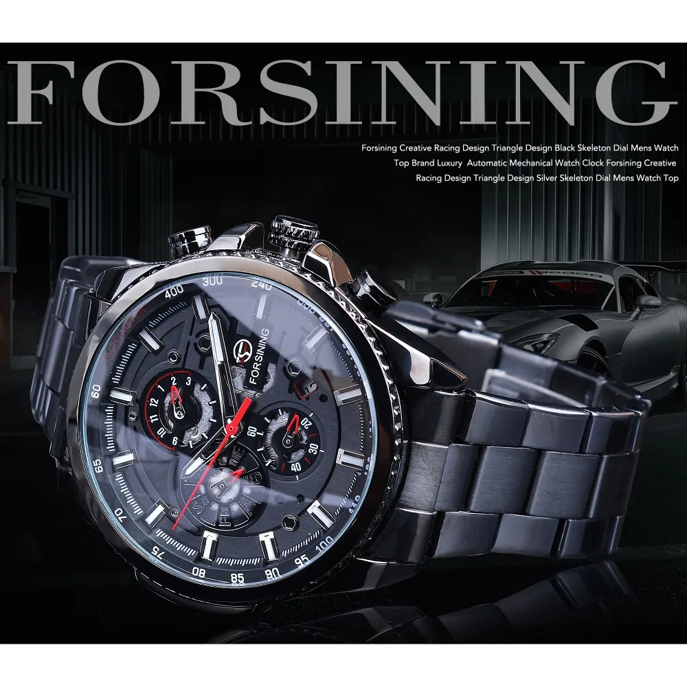 Forsining Three Dial Calendar Stainless Steel Men Mechanical Automatic Wrist Watches Top Brand Luxury Military Sport Male Clock