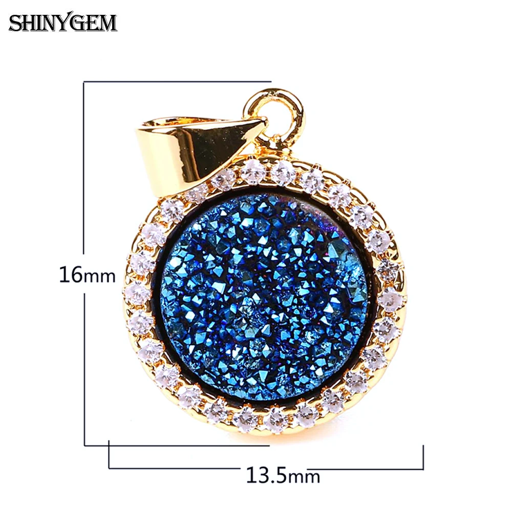 5p 천연 라운드 크리스탈 druzy 스파클링 카보 숑 펜던트 마이크로 인레이 지르콘 골드 도금 베젤 참 트렌디 쥬얼리