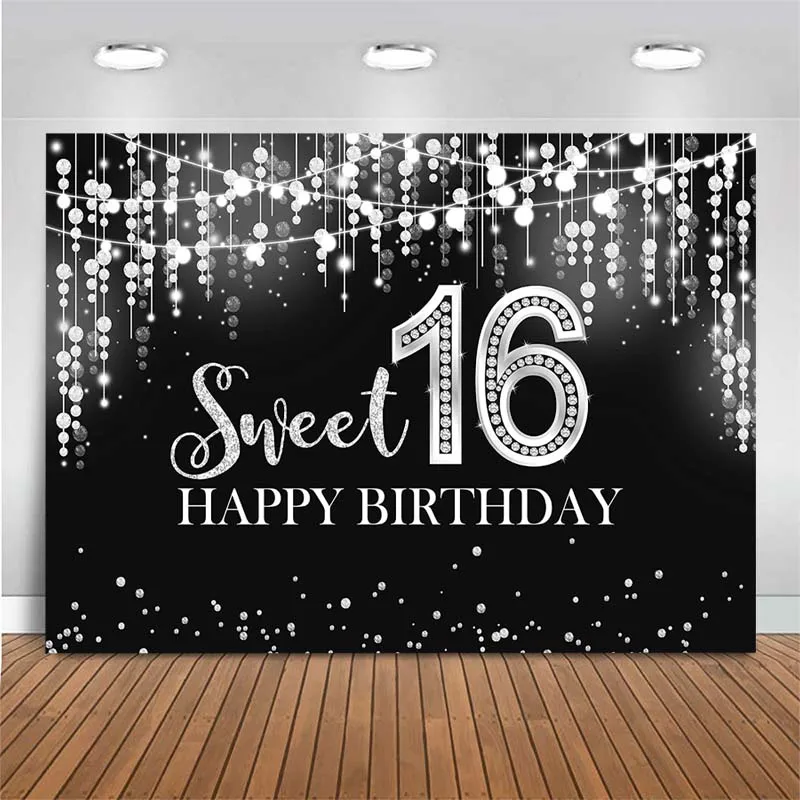 

Sweet 16 Happy Birthday Backdrop Photography Silver Glitter Birthday Party Decoration Backdrop Photo Background For Photo Studio