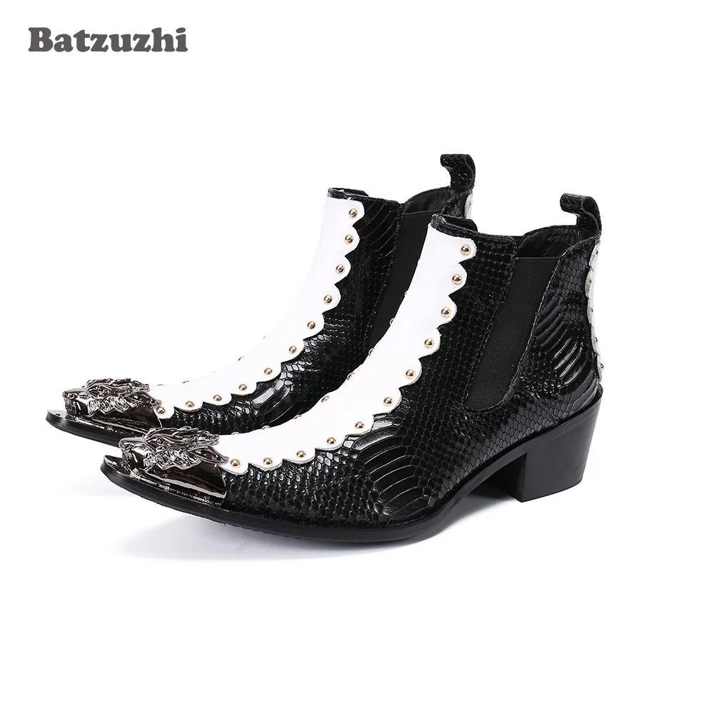 

Batzuzhi 6.5cm High Heel Men's Boots Ponted Metal Cap Genuine Leather Ankle Boots Men Black White Party/Motorcycle Men Boots