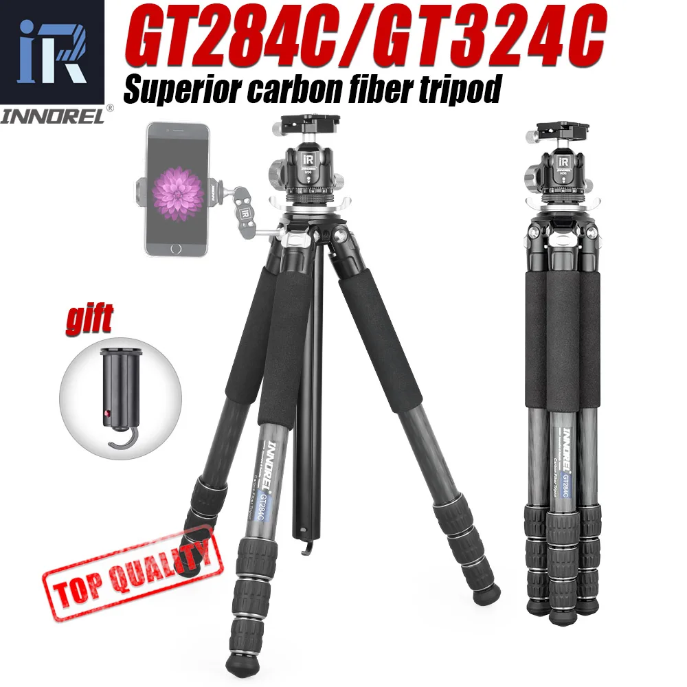 GT284C/324C Professional 10 Layers Carbon Fiber Tripod Low Gravity Center Ballhead & Special-shaped Center Column, for DSLR