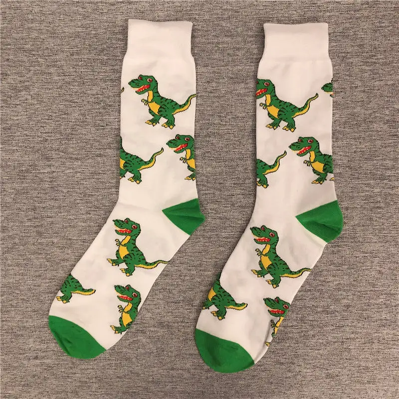 Happy Funny Adult Mid Calf Crew Socks Sport Tyrannosaurus Rex Dinosaur Fire Jurassic Period Park French Fries Play Basketball