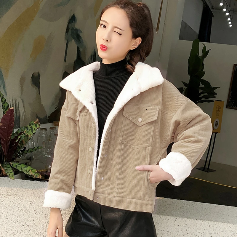 2022 Autumn Winter Corduroy Jacket Female Korean Cotton Jacket Suit Short Thickening Students BF Wind Lamb Fur Coat  Loose