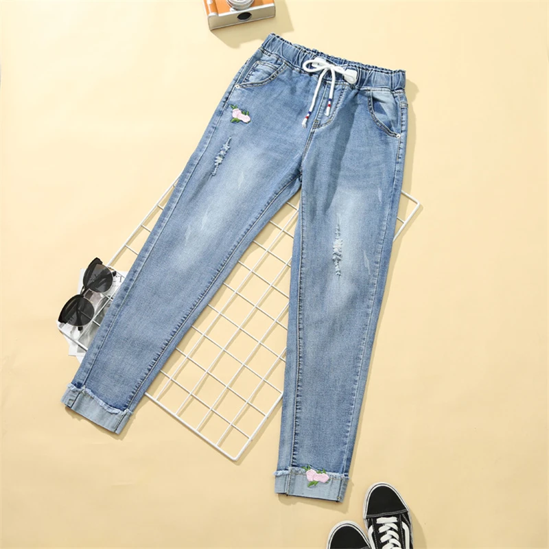 Vrouwen Lente Zomer Elastische Taille Borduurwerk Jeans Vrouwelijke Enkellange Denim Broek Kantoor Dame Baggy Losse Casual Broek