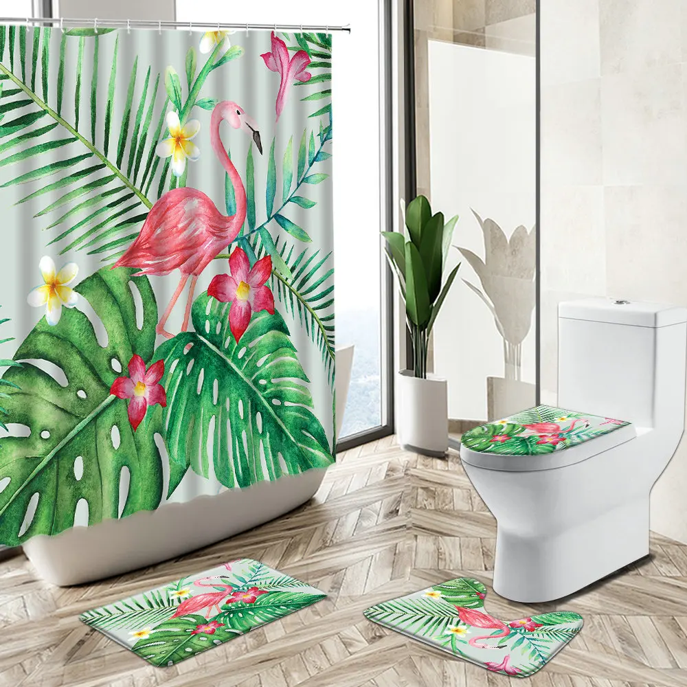 Tropical Green Plants Flamingo Shower Curtain Summer Jungle Flower Leaf Scenery Home Bath Mat Toilet Cover Bathroom Carpet Set