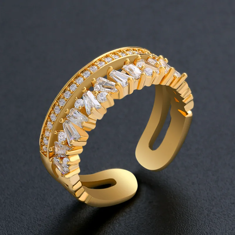 Luxury Zircon Gold Color Double Layer Adjustable Opening Rings For Women Fashion Wedding Party Jewelry Birthday Gift Wholesale