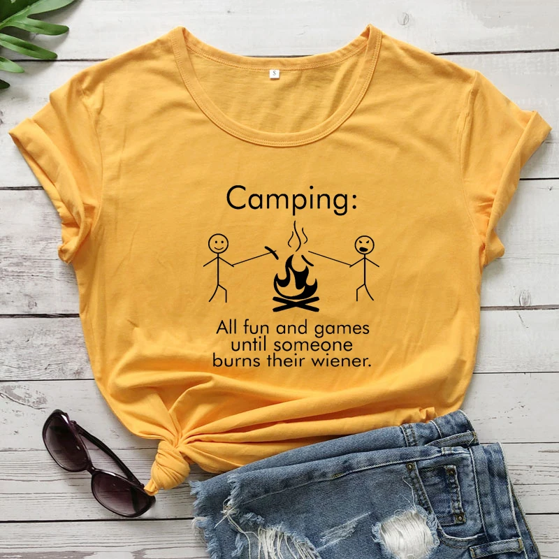 Camping All Fun And Games Until Someone Burns Their Wiener T-shirt Funny Stick Figure Campfire Barbecue Tshirt Top