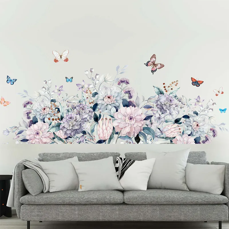 Watercolor Flowers Wall Stickers for Living room Bedroom Kitchen Wall Decor Baseboard Wall Sticker Home Decor Vinyl PVC Decals