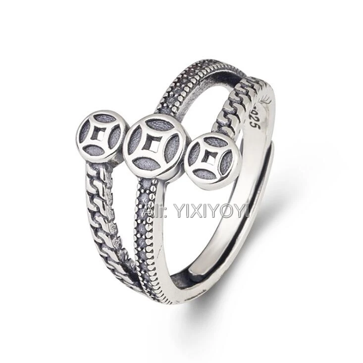 YIXIYOYI 925 Sterling Silver Vintage Chinese Coin Abacus Hollow Lucky Rings Open Retro Cute Charm Gift Rings Thai Silver Jewelry