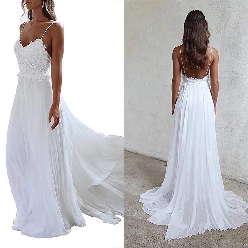 

Lace Sling Wedding Dresses Long Sweet Elegant Bride Floor Length Applique Open Back Sexy Embroidery Beach Wedding Dresses