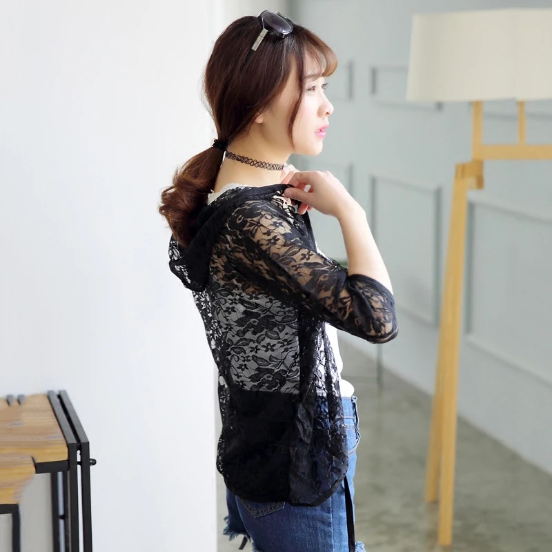 Chống Nắng Nữ Crop Tops Mùa Hè 2021 Mỏng Trong Suốt Ren Cardigan Sheer Có Mũ Áo Khoác Chống Nắng