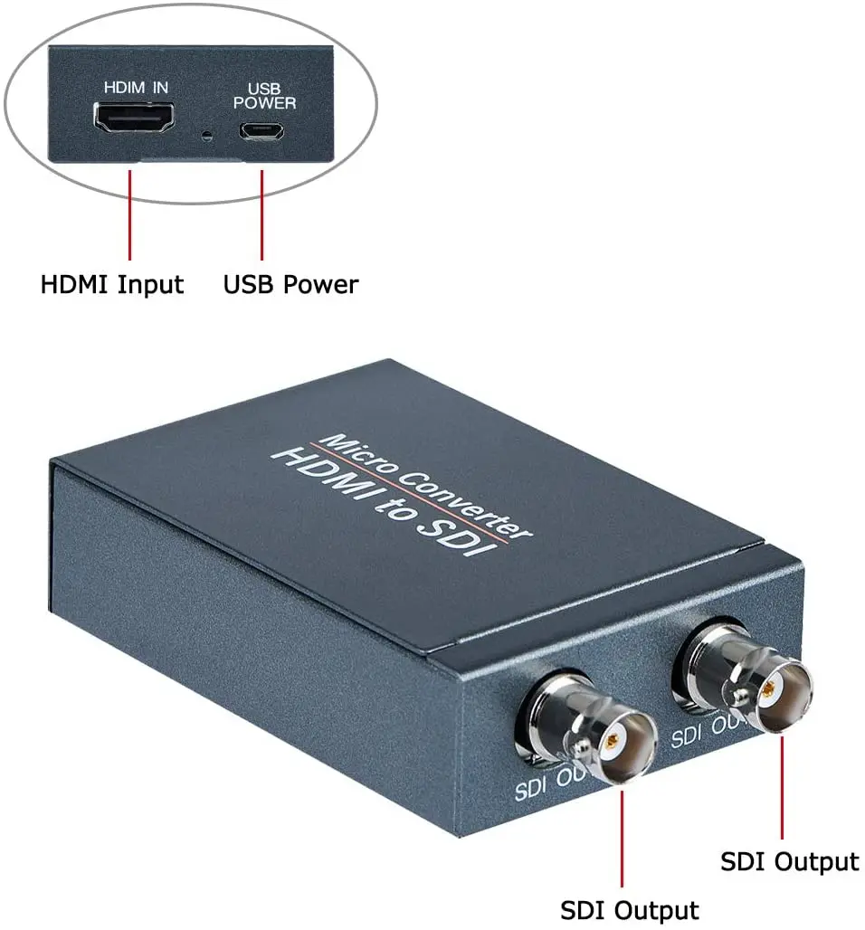 Microconvertidor de HDMI a SDI, con adaptador de fuente de alimentación, entrada de Audio, compatible con HDMI 1,3